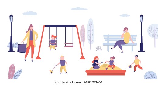 Different children play on playground. Parents, nanny looks after walking children. Various swings, sandbox, slide on playground in park. Kids activities. Kindergarten, childhood. vector illustration