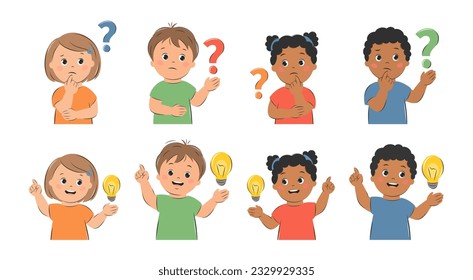 Different children ponder the question and find a solution. Kids with an idea, with lightbulb. Knowledge, creative thinking and education concept. Vector illustration