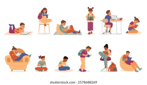 Different children reading paper books flat vector illustrations set isolated on white.