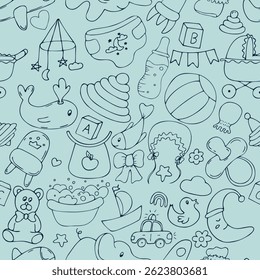 different children s toys on a pink background, vector seamless pattern, cute children s drawing in doodle style, with black outline