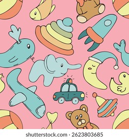 different children s toys on a pink background, vector seamless pattern, cute children s drawing in doodle style, with black outline