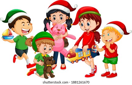 Different children wearing costume in Christmas theme and playing with thier toys isolated on white background illustration
