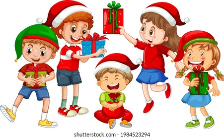 Different children wearing costume in Christmas theme and holding with thier gift box isolated on white background illustration