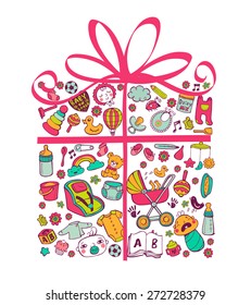 Different childrens things and toys collected in the form of a gift for baby girl. All necessary for the newborn.