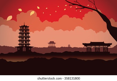 Different Chinese architecture on mountain in scene. This is illustration about China background