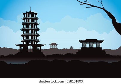 Different Chinese architecture on mountain in scene. This is illustration about China background