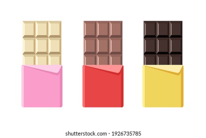 Diferentes iconos de barras de chocolate. Abierto de color blanco, leche y chocolate amargo en envase de papel. Postre plano y dulce. Ilustración vectorial en estilo de caricatura