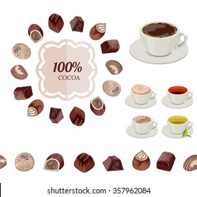 Different chocolate candies and cups of tea and coffee on white. Frame, seamless horizontal border.  For your design, announcements, cards, posters, restaurant menu.