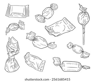 Different chocolate candies in foil packages, whapping paper in black isolated on white background. Hand drawn vector sketch illustration in doodle engraved vintage outline