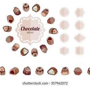Different chocolate candies on white. Frame, seamless horizontal border.  For your design, announcements, cards, posters, restaurant menu.