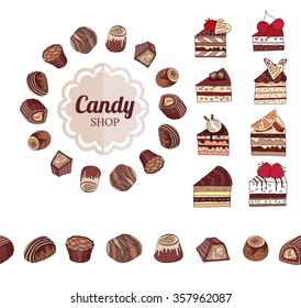 Different chocolate candies and slices of cake on white. Frame, seamless horizontal border.  For your design, announcements, cards, posters, restaurant menu.