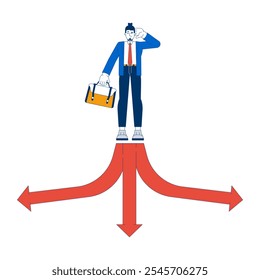 Diferentes opciones concepto de ilustración 2D. Hombre caucásico joven con el maletín que toma la decisión difícil en el carácter de la historieta del cruce aislado en blanco. Gráfico de Vector plano abstracto de metáfora