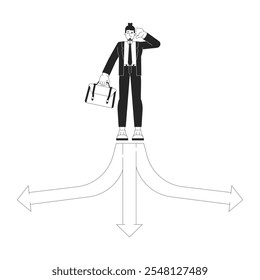 Diferentes opciones de concepto de ilustración 2D en blanco y negro. Hombre caucásico joven con el maletín que toma la decisión difícil en carácter del contorno del cruce aislado. Metáfora de Arte vectorial monocromo