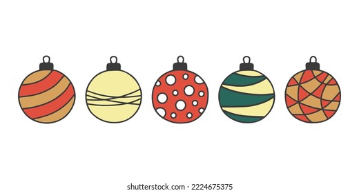 Balón de Navidad diferente con ornamento, forma de garabato, dibujo a mano. Juguete de color para juego de árboles de Navidad. Ilustración del vector