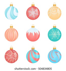 Different Christmas balls set, isolated on white background. Vector illustration christmas balls closeup, beautiful decoration christmas balls, merry christmas sign balls, colorfull christmas balls.