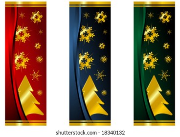 Different Christmas banners with snow crystals and trees