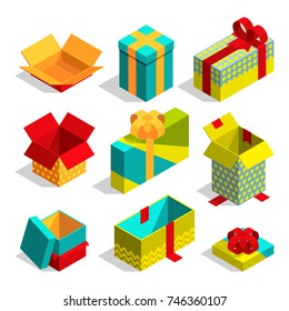 Different christmas box for gifts. Isometric pictures set gift box to birthday and christmas holiday, vector illustration