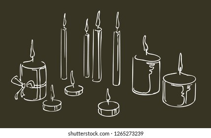 different Christmas burning candles on a dark background hand-drawn sketch
