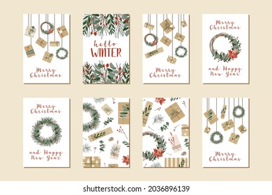 Different Christmas cards, invitation. Presents in kraft paper and wreaths. Rustic gift box. Eco decoration. Xmas and New 2022 Year celebration preparation. Vector flat cartoon illustration