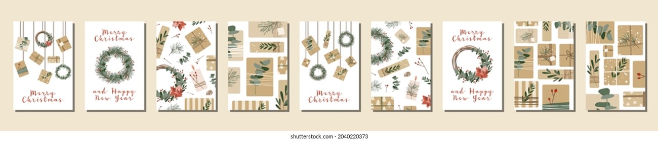 Different Christmas cards, invitation. Presents in kraft paper and wreaths. Rustic gift box. Eco decoration. Xmas and New 2022 Year celebration preparation. Vector flat cartoon illustration