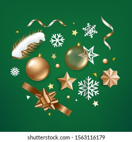 Verschiedene Weihnachtselemente auf grünem Hintergrund