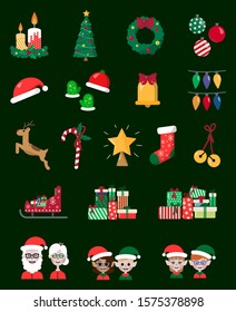 Different christmas elements on green background. Candles, tree, crown, spheres, hat, gloves, bell, santa claus, mrs claus, elves, gifts, reindeer, sled, candy cone, lights, jingle bells, sock.