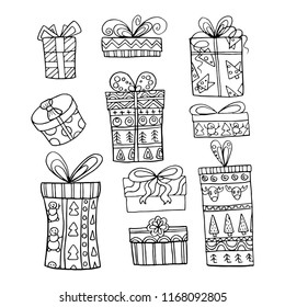 different Christmas gifts in boxes.