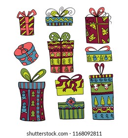 different Christmas gifts in boxes.
