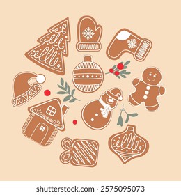 different Christmas gingerbread cookies in circle shape. Tree, decoration, mitten, santas hat. Merry Christmas, New Year concept. For menu design, card decoration.