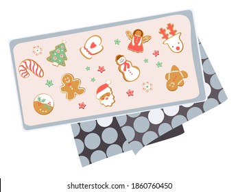 Different Christmas gingerbread cookies on a parchment paper. Christmas bakery gingerbread cookie tray. Vector flat illustration.