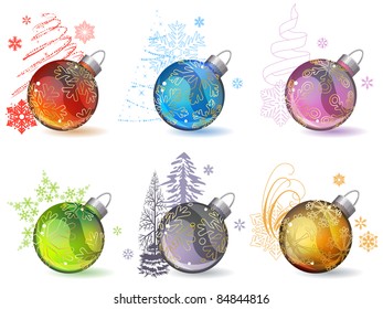 Different christmas glass balls with contour snowflakes