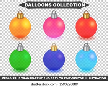 Different christmas glass balls on transparent background. Colored solated xmas decorations. Realistic vector illustrations set for your projects, business and design. All elements are editable. EPS10