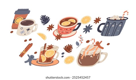 Different Christmas hot beverage set on isolated background. Hand brawn drinks cups and mugs. Vector elements clipart