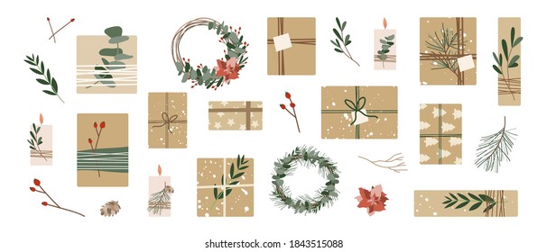 Diferentes regalos de navidad en papel kraft con cinta de dos y coronas. Caja de regalo rústica. Decoración ecológica, eucalipto y abeto. Preparación de la celebración del Año Nuevo 2021 y Navidad. Estilo plano vectorial