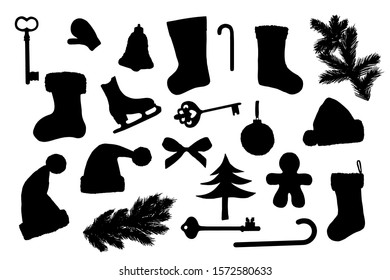 Different christmas things, new year symbols silhouettes set on white 