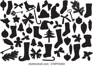 Different christmas things, new year symbols silhouettes. Clip art set on white background