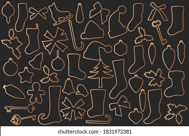 Different Christmas things, new year symbols silhouettes bronze line- art