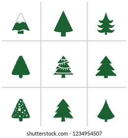 Different Christmas tree set, vector illustration. Can be used for greeting card, invitation, banner, web design. 9 icons