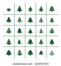 Different Christmas tree set, vector illustration. Can be used for greeting card, invitation, banner, web design. 25 icons