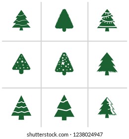 Different Christmas tree set, vector illustration. Can be used for greeting card, invitation, banner, web design. 9 icons
