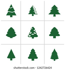 Different Christmas tree set, vector illustration. Can be used for greeting card, invitation, banner, web design. 9 icons