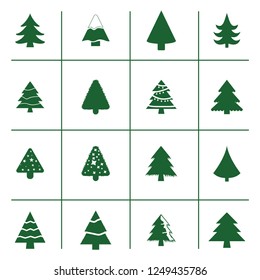 Different Christmas tree set, vector illustration. Can be used for greeting card, invitation, banner, web design. 16 icons