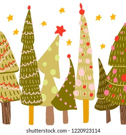 different Christmas trees with ornaments, balls. yellow stars in the background. postcard, background