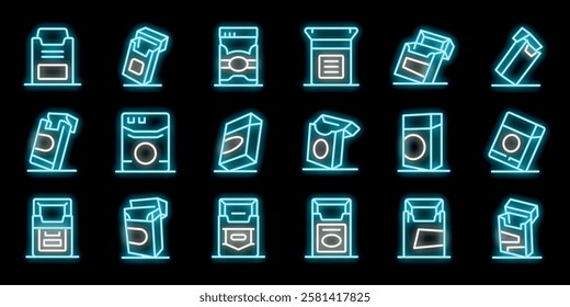 Different cigarette packs glowing blue in neon style on dark background, representing smoking, nicotine addiction and tobacco products
