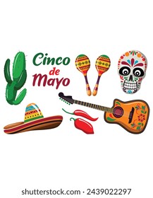 Different Cinco De Mayo Including Sugarskull Cactus Guitar Sombrero Maracas And Pepper