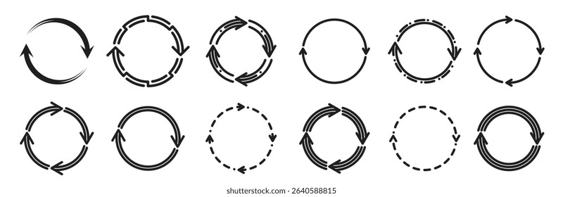 Different circle arrows flat icon set. Round reloading, recycling or repeating, loading loop symbols in vector illustration collection. Pictograms and design concept