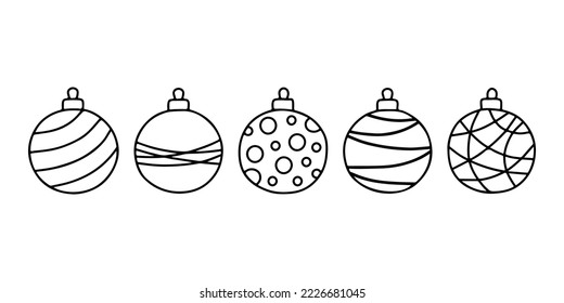 Different circle Christmas ball with ornament, doodle shape, hand draw line sketch. Toy for Christmas tree set. Vector illustration