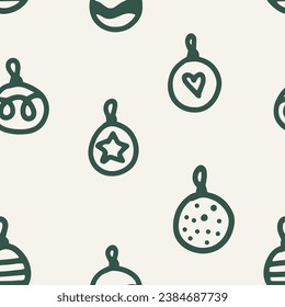 Different circle Christmas ball with ornament, doodle shape, hand draw line sketch. Toy for Christmas tree print. Vector background