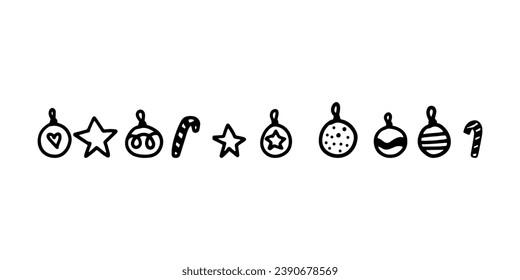 Different circle Christmas ball with ornament, doodle shape, hand draw line sketch. Toy for Christmas tree set. Vector illustration