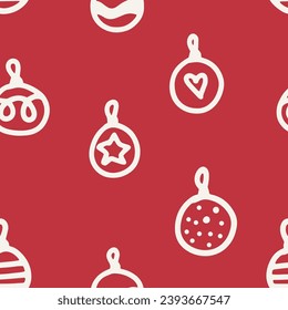 Different circle Christmas ball with ornament, doodle shape, hand draw line sketch. Toy for Christmas tree print. Vector background